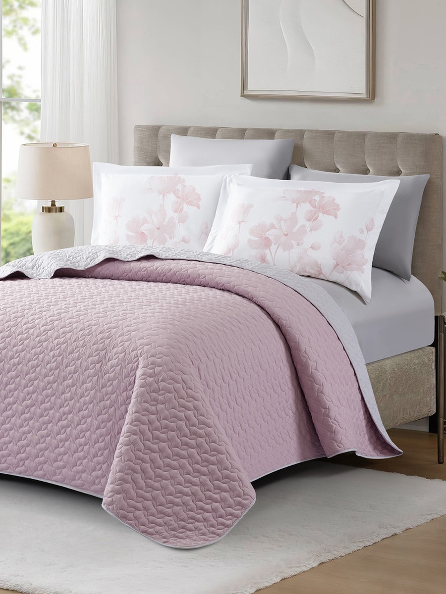 6-Pieces King Size Reversible Ogee Arch Quilted Bedspread Set 260X240 Cm, Soft Microfiber - Pink