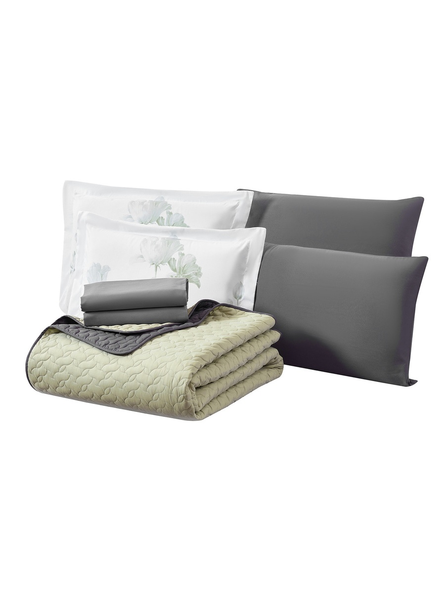 6-Pieces King Size Reversible Ogee Arch Quilted Bedspread Set 260X240 Cm, Soft Microfiber - Green
