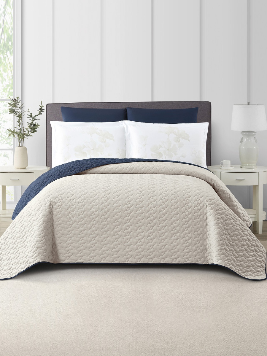 6-Pieces King Size Reversible Ogee Arch Quilted Bedspread Set 260X240 Cm, Soft Microfiber - Navy Blue