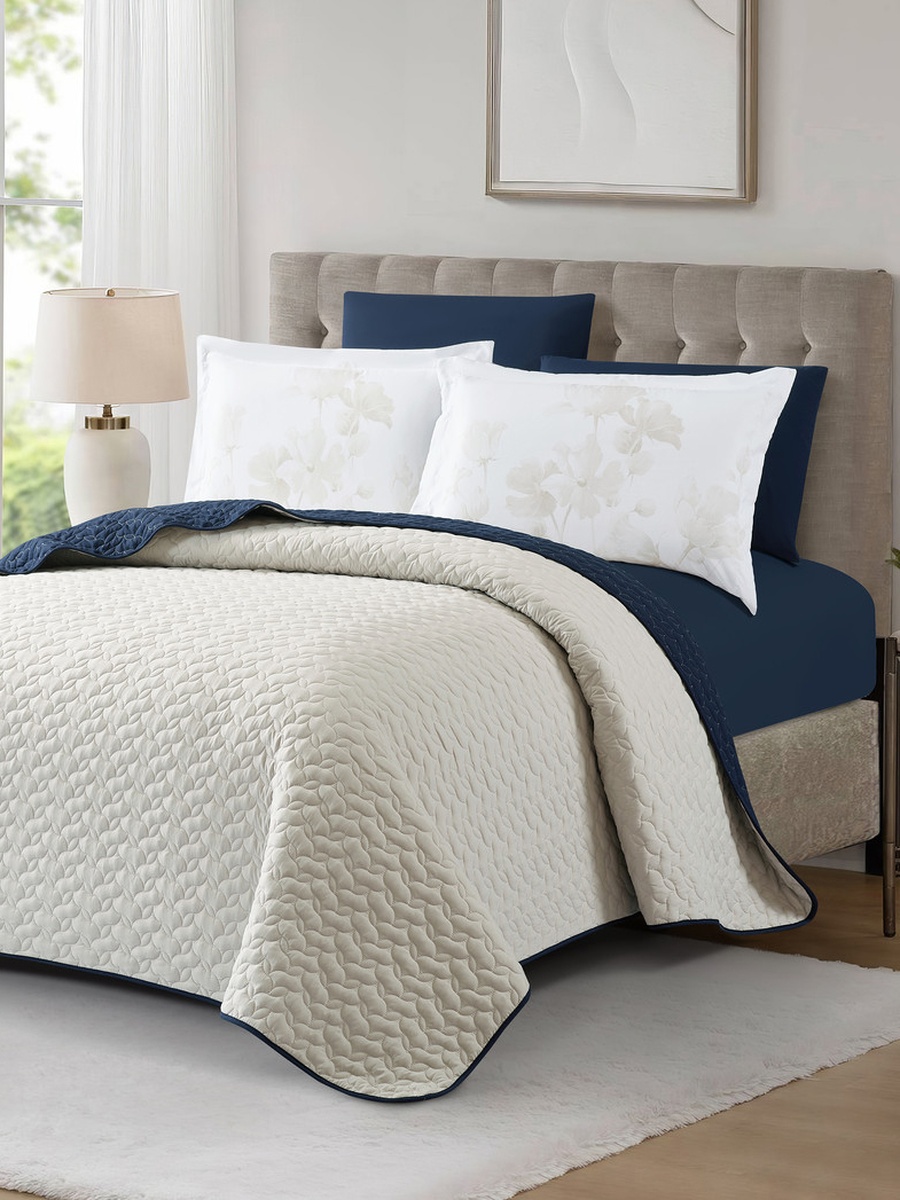 6-Pieces King Size Reversible Ogee Arch Quilted Bedspread Set 260X240 Cm, Soft Microfiber - Navy Blue