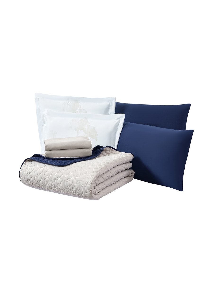 6-Pieces King Size Reversible Ogee Arch Quilted Bedspread Set 260X240 Cm, Soft Microfiber - Navy Blue