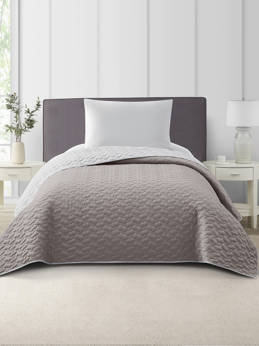 3-Pieces Single Size Reversible Ogee Arch Quilted Bedspread Set 170X230 Cm, Soft Microfiber - Grey