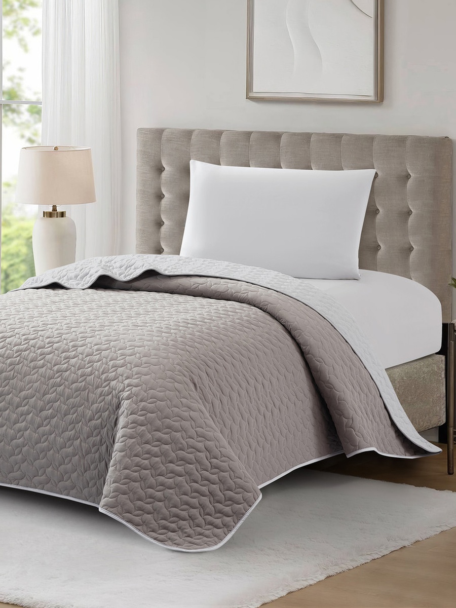 3-Pieces Single Size Reversible Ogee Arch Quilted Bedspread Set 170X230 Cm, Soft Microfiber - Grey