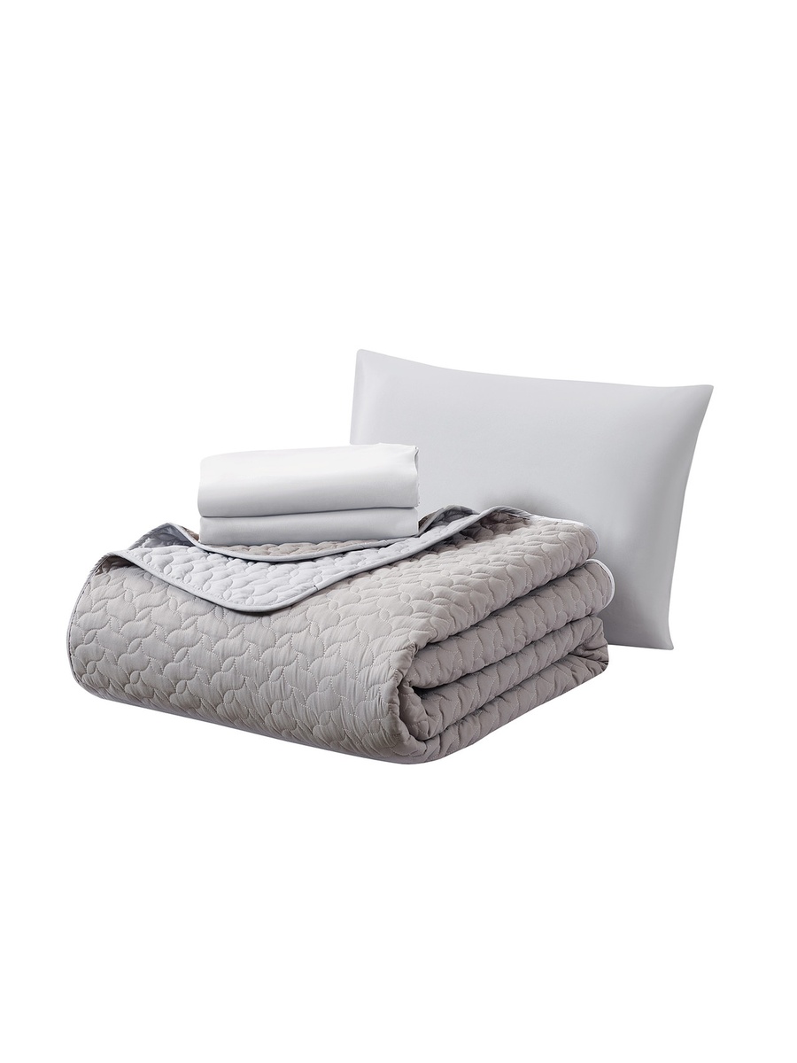 3-Pieces Single Size Reversible Ogee Arch Quilted Bedspread Set 170X230 Cm, Soft Microfiber - Grey