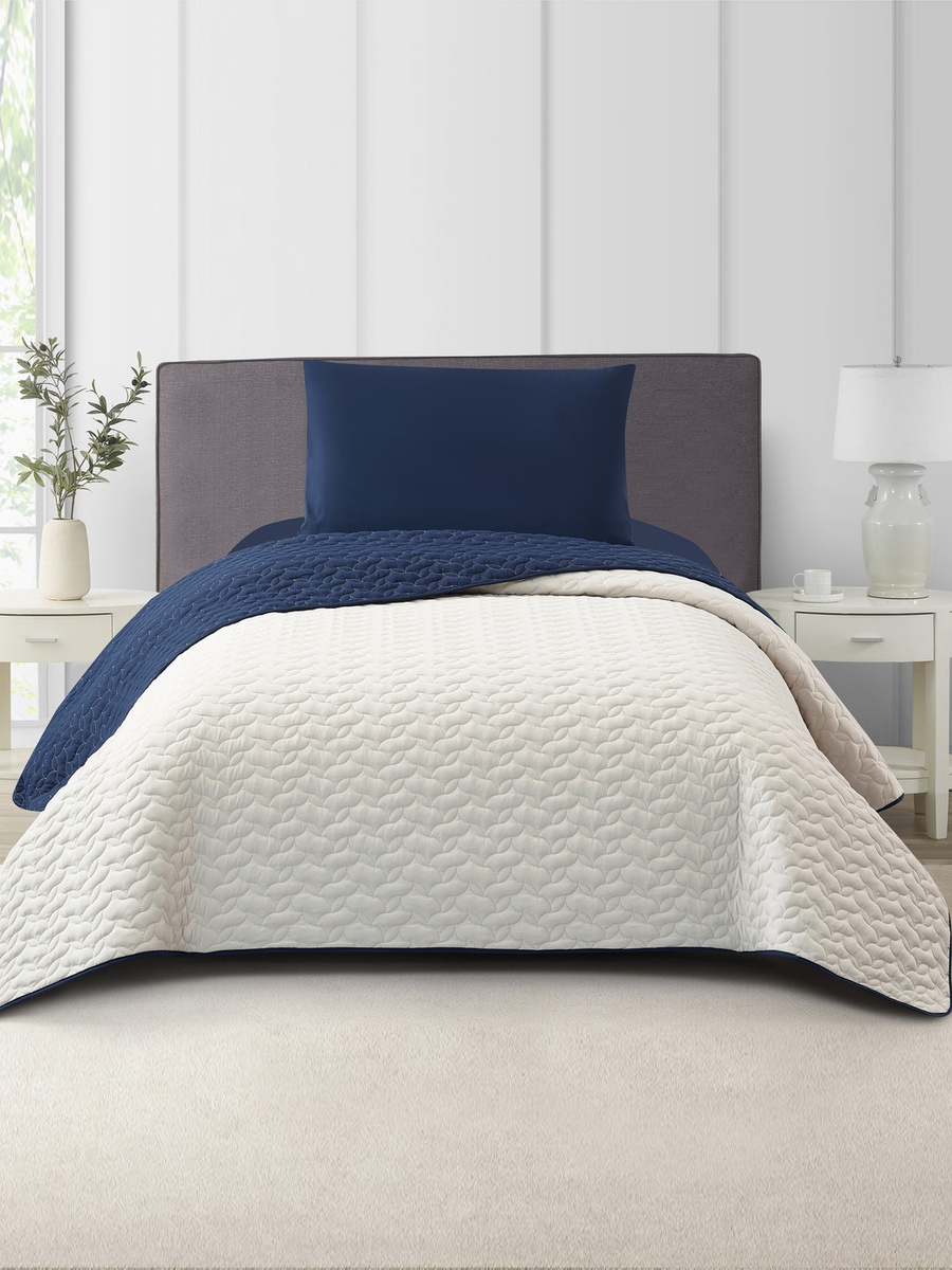 3-Pieces Single Size Reversible Ogee Arch Quilted Bedspread Set 170X230 Cm, Soft Microfiber - Navy Blue