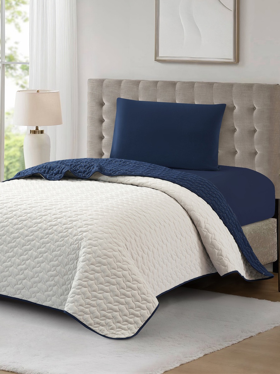 3-Pieces Single Size Reversible Ogee Arch Quilted Bedspread Set 170X230 Cm, Soft Microfiber - Navy Blue