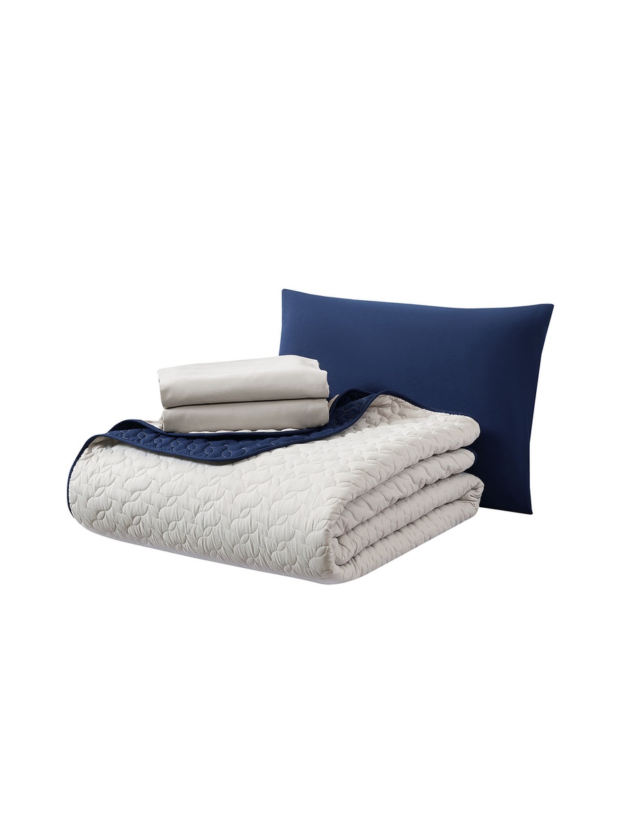 3-Pieces Single Size Reversible Ogee Arch Quilted Bedspread Set 170X230 Cm, Soft Microfiber - Navy Blue