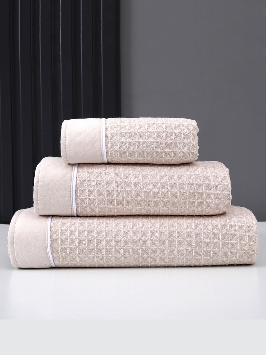 3-Pieces Microfiber Waffle Weave Towel Set 310 GSM 50X90 Cm Soft Quick Dry - Cream