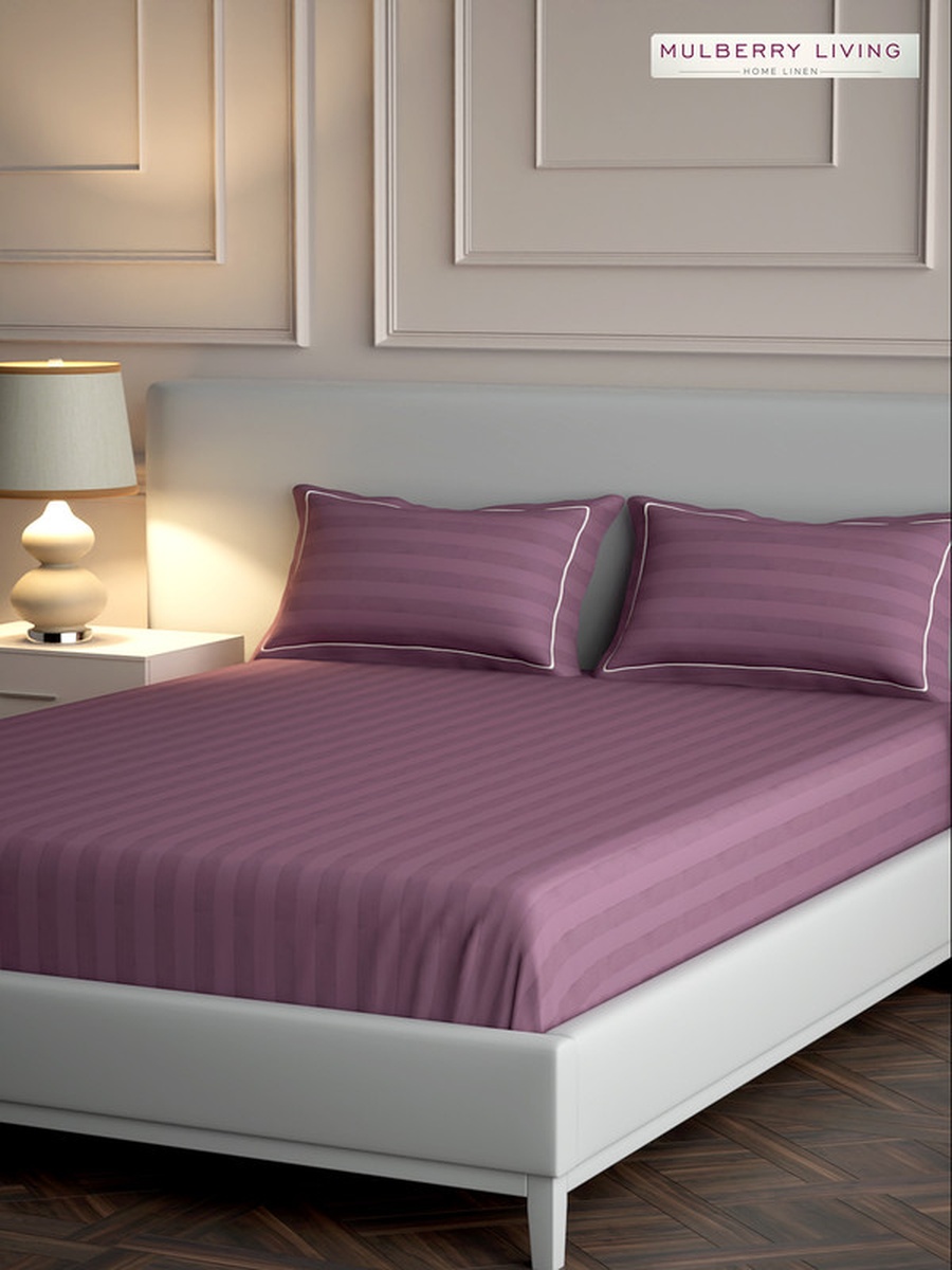 100% Cotton Queen Flat Bedsheet With 2 Pillow Covers - 300TC Elysian Stripes - Plum