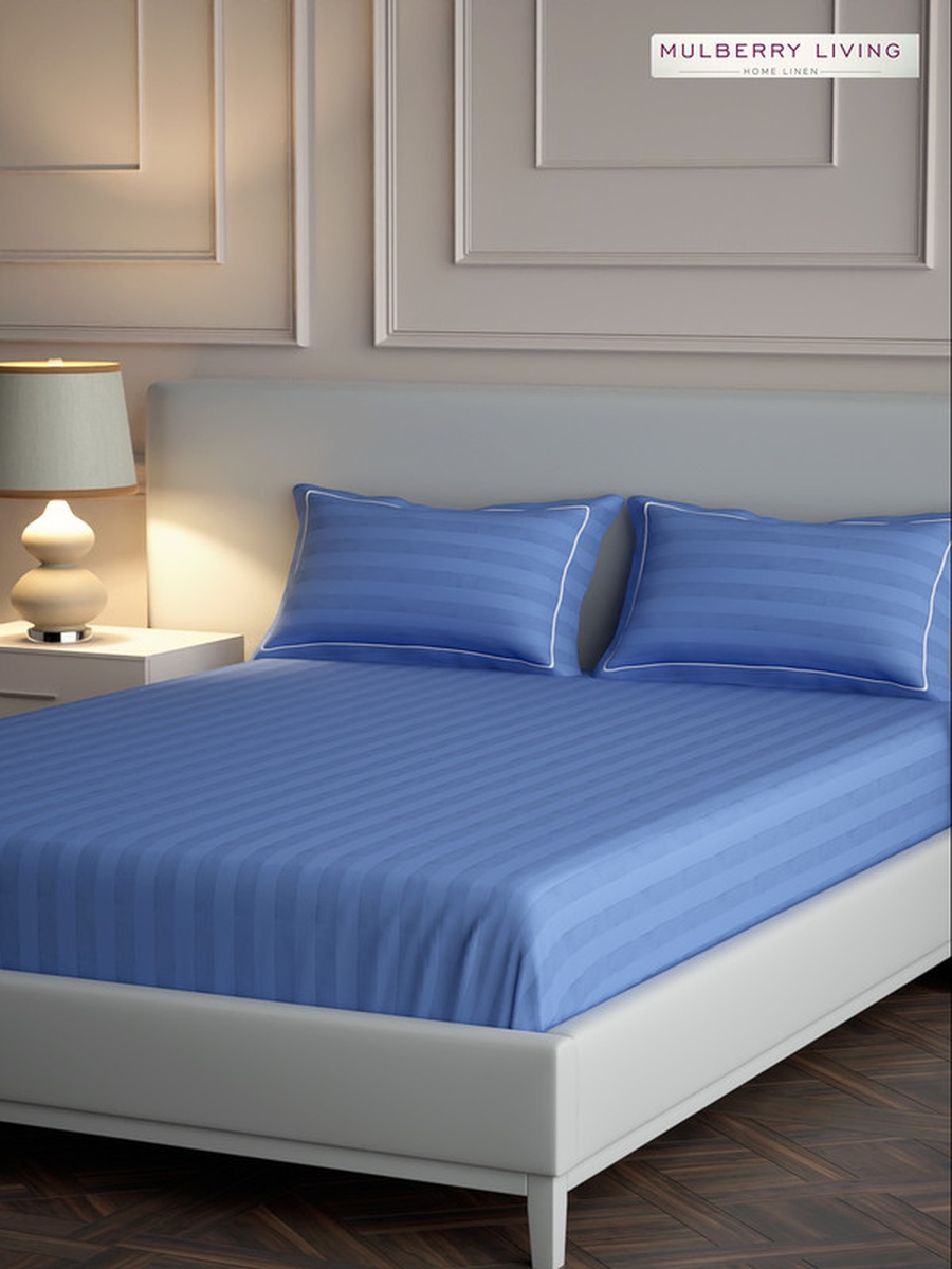 100% Cotton Queen Flat Bedsheet With 2 Pillow Covers - 300TC Elysian Stripes - Mediterranean Blue
