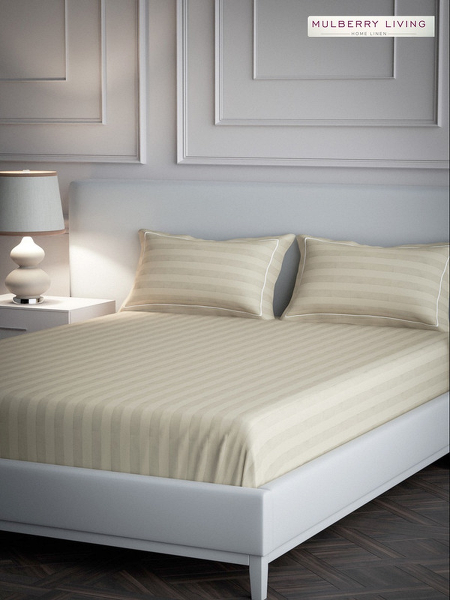 100% Cotton Queen Flat Bedsheet With 2 Pillow Covers - 300TC Elysian Stripes - Beige