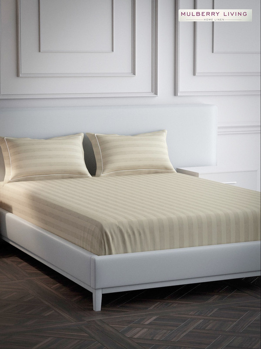 100% Cotton Queen Flat Bedsheet With 2 Pillow Covers - 300TC Elysian Stripes - Beige