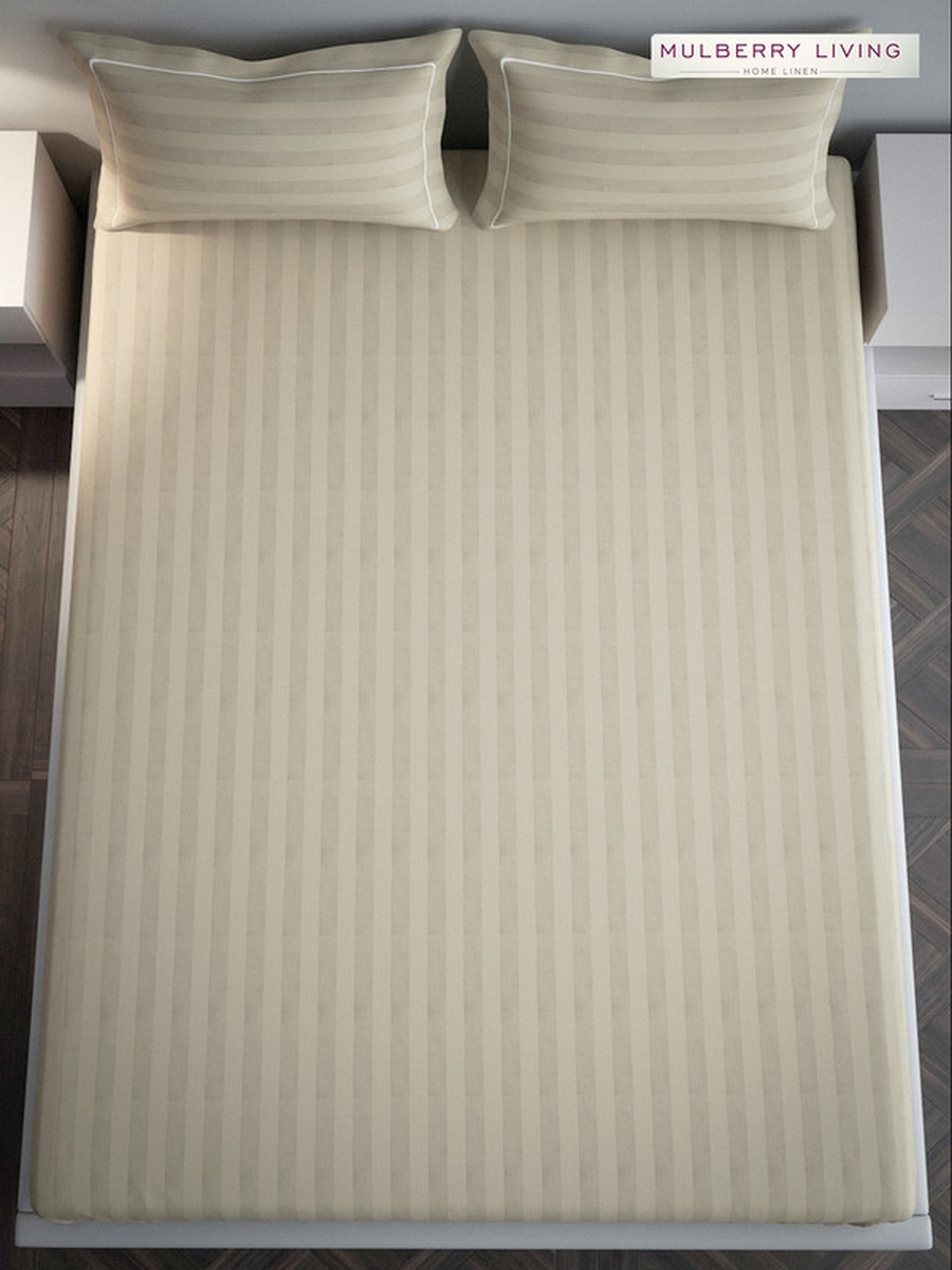 100% Cotton Queen Flat Bedsheet With 2 Pillow Covers - 300TC Elysian Stripes - Beige