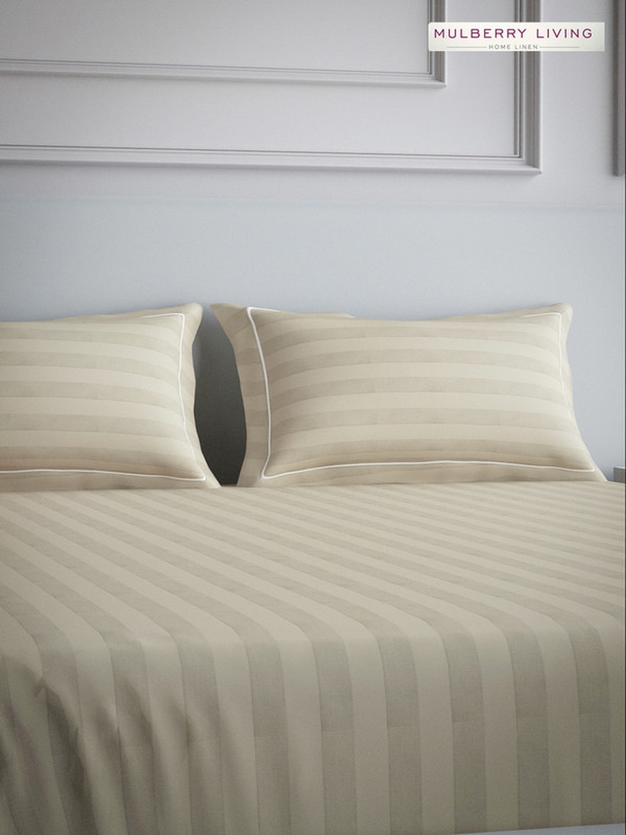 100% Cotton Queen Flat Bedsheet With 2 Pillow Covers - 300TC Elysian Stripes - Beige