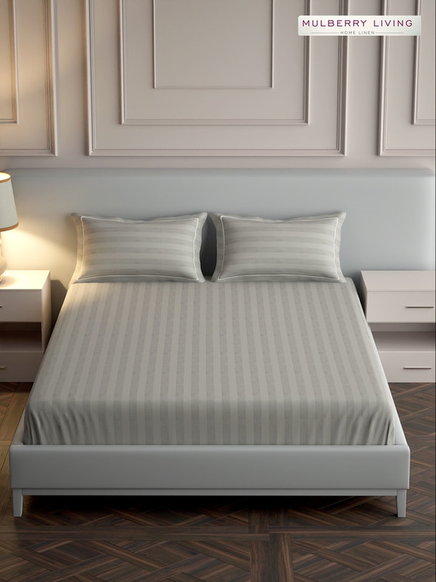 100% Cotton Queen Flat Bedsheet With 2 Pillow Covers - 300TC Elysian Stripes -Silver Grey