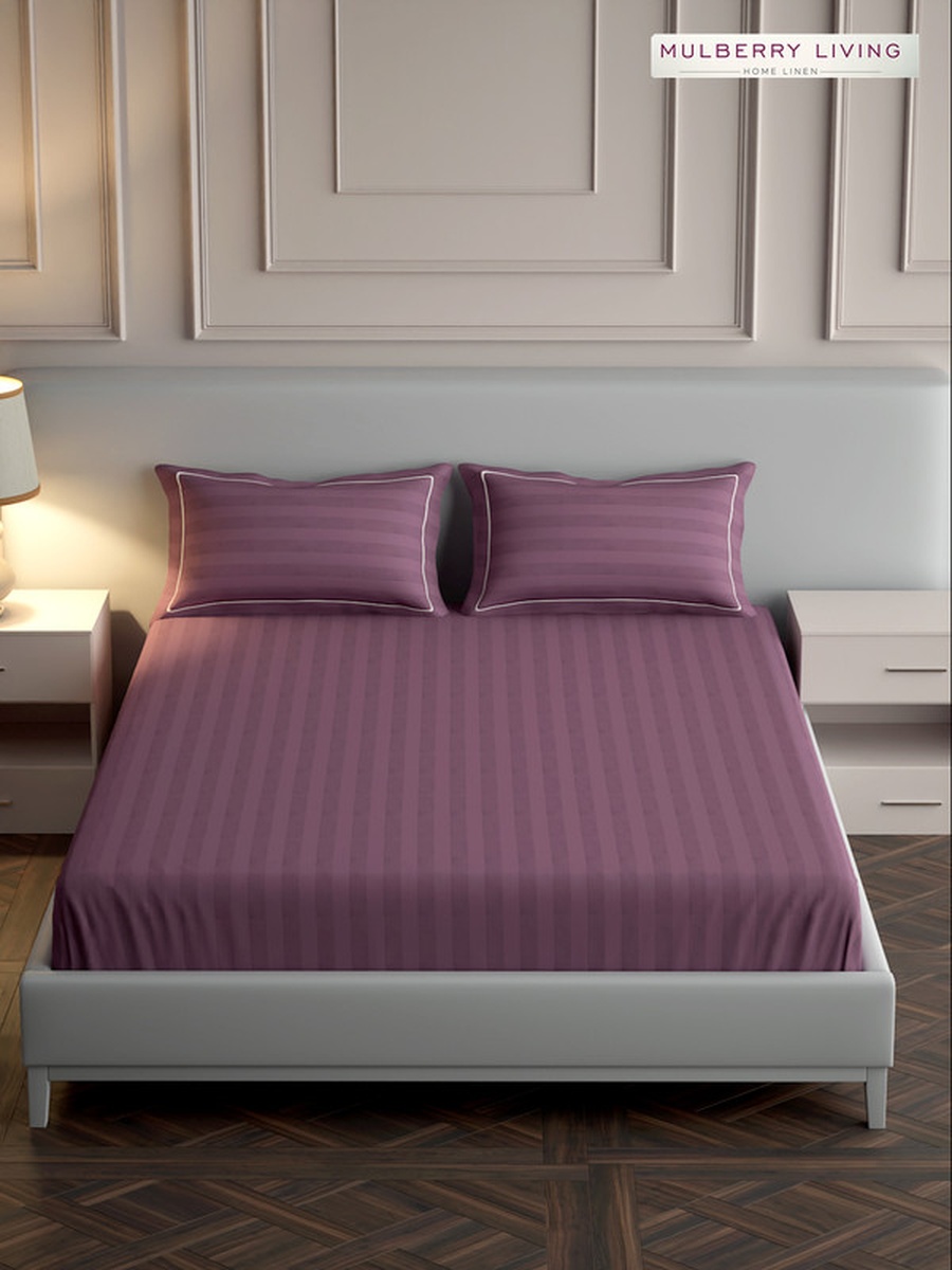 100% Cotton King Flat Bedsheet With 2 Pillow Covers - 300TC Elysian Stripes - Plum