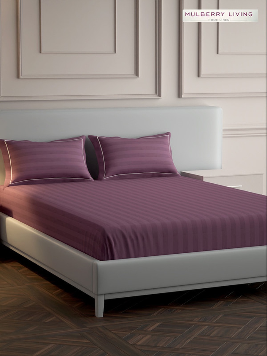 100% Cotton King Flat Bedsheet With 2 Pillow Covers - 300TC Elysian Stripes - Plum
