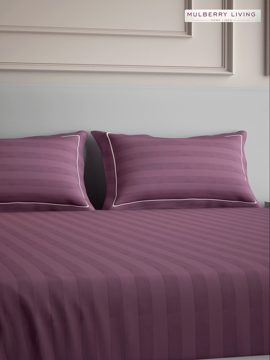 100% Cotton King Flat Bedsheet With 2 Pillow Covers - 300TC Elysian Stripes - Plum