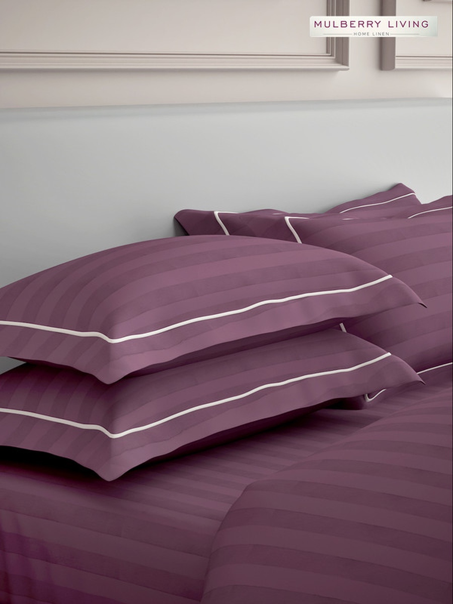 100% Cotton King Flat Bedsheet With 2 Pillow Covers - 300TC Elysian Stripes - Plum