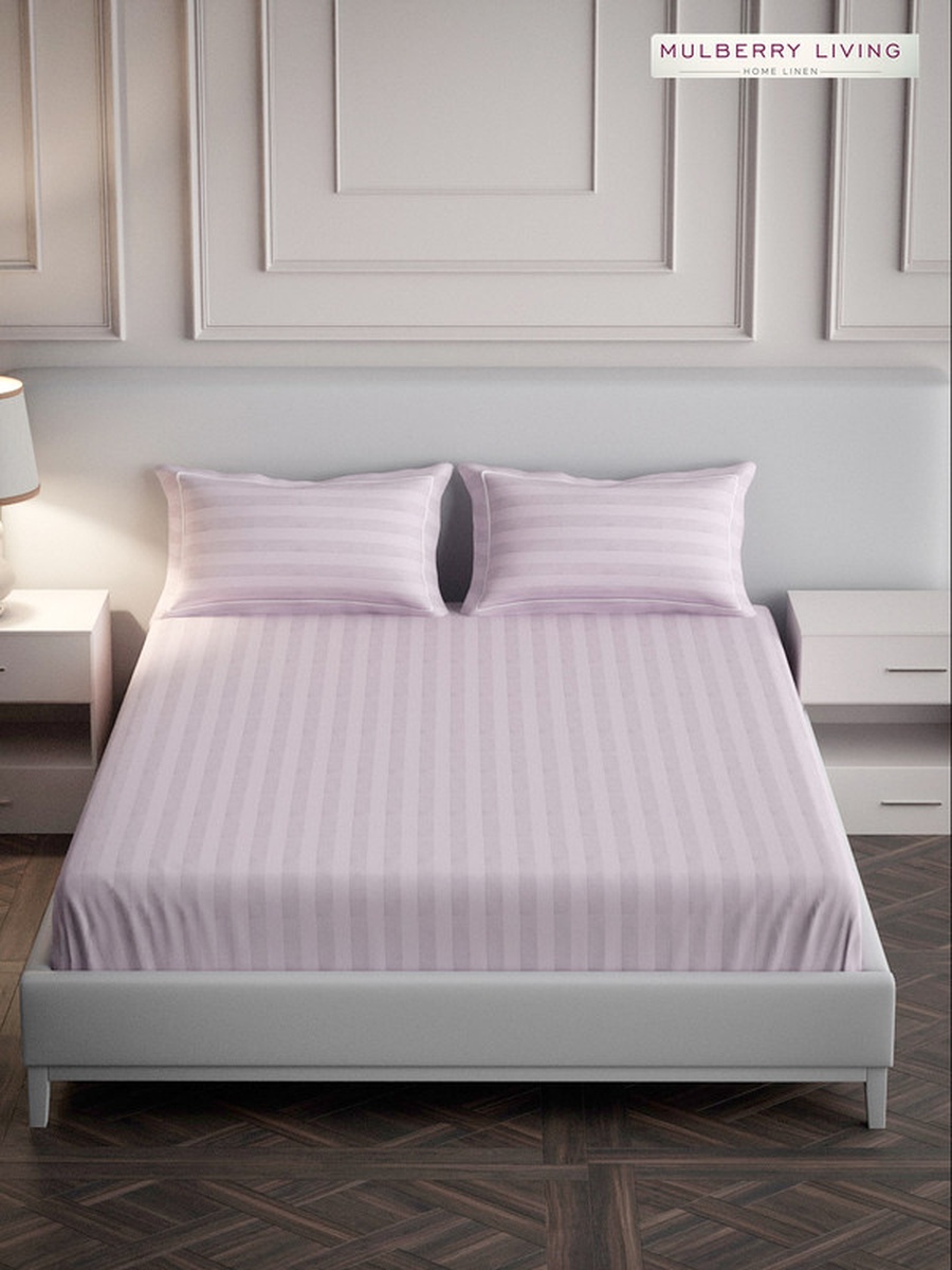 100% Cotton King Flat Bedsheet With 2 Pillow Covers - 300TC Elysian Stripes - Cameo Rose