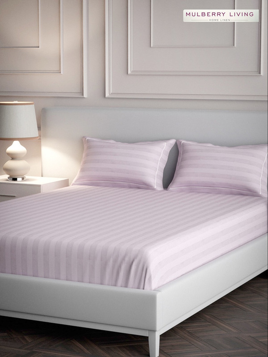 100% Cotton King Flat Bedsheet With 2 Pillow Covers - 300TC Elysian Stripes - Cameo Rose