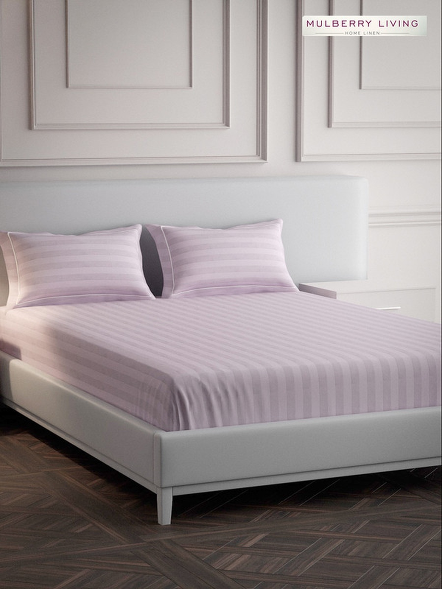 100% Cotton King Flat Bedsheet With 2 Pillow Covers - 300TC Elysian Stripes - Cameo Rose