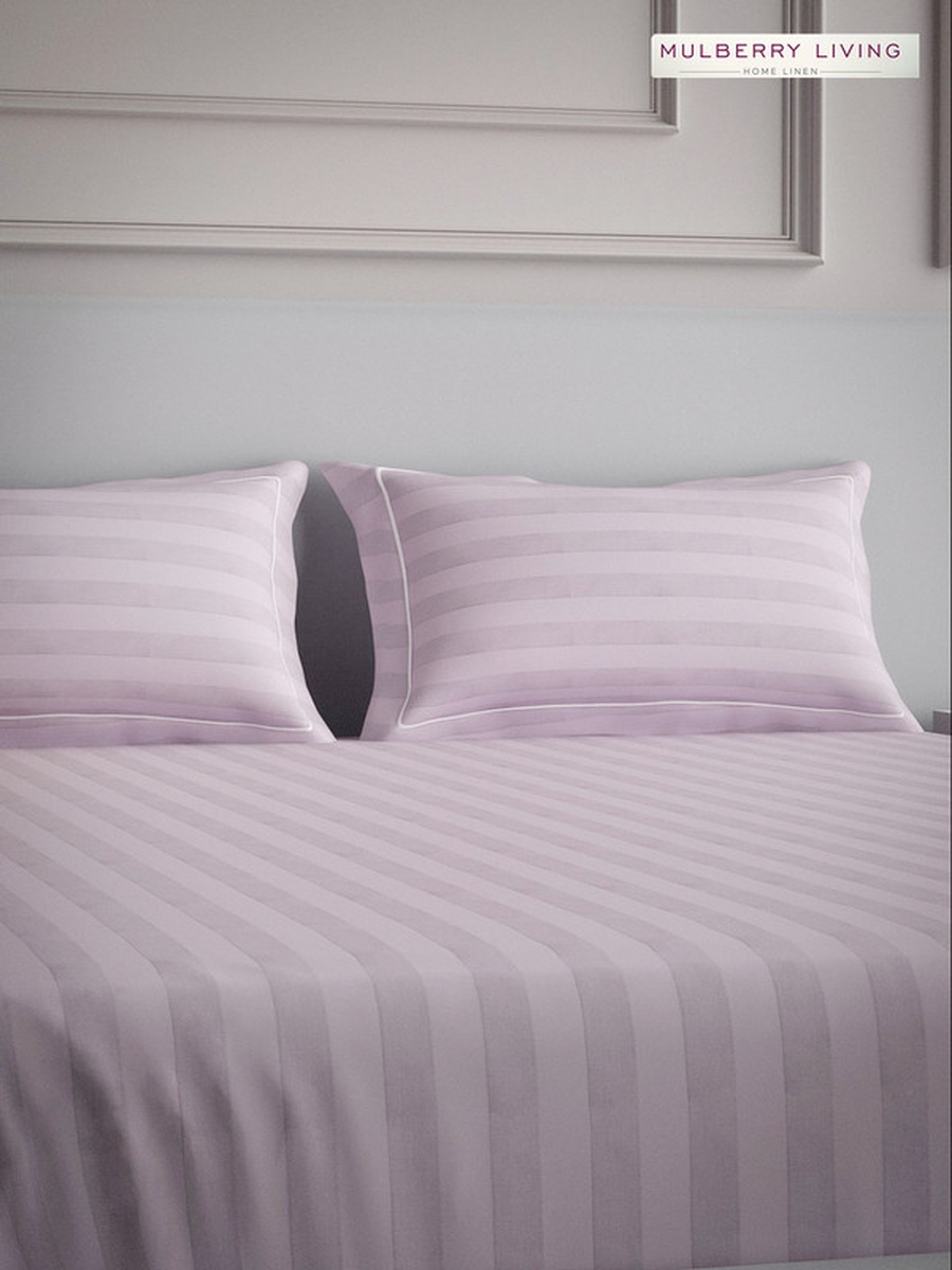 100% Cotton King Flat Bedsheet With 2 Pillow Covers - 300TC Elysian Stripes - Cameo Rose