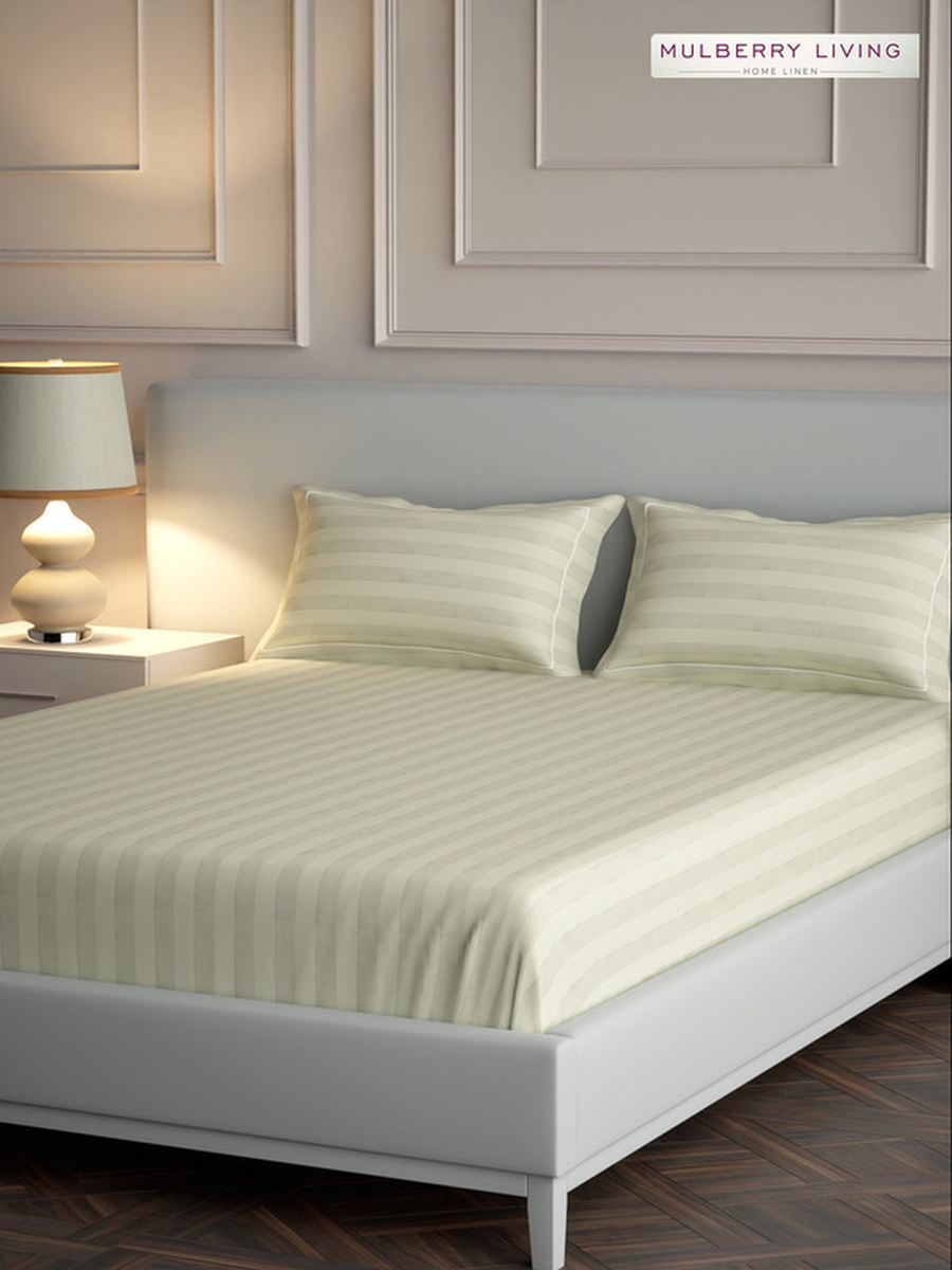 100% Cotton King Flat Bedsheet With 2 Pillow Covers - 300TC Elysian Stripes - Ivory