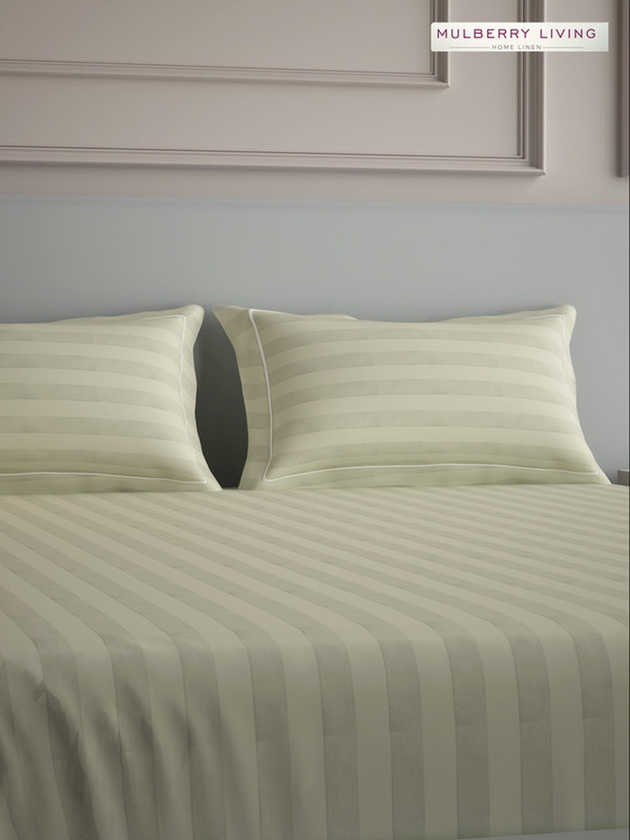 100% Cotton King Flat Bedsheet With 2 Pillow Covers - 300TC Elysian Stripes - Ivory