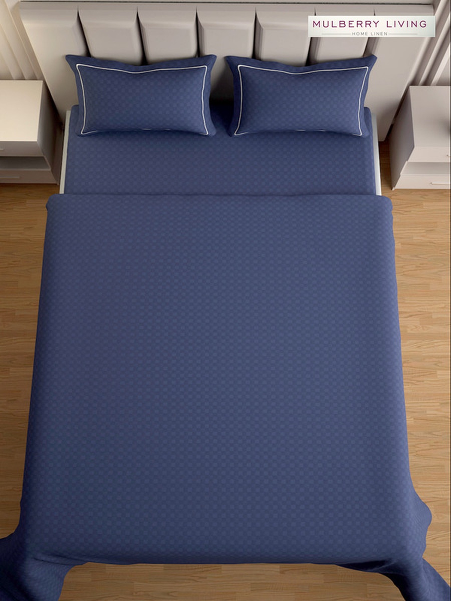 100% Cotton Queen Flat Bedsheet With 2 Pillow Covers - 300TC Urban Grid - Mediterranean Blue