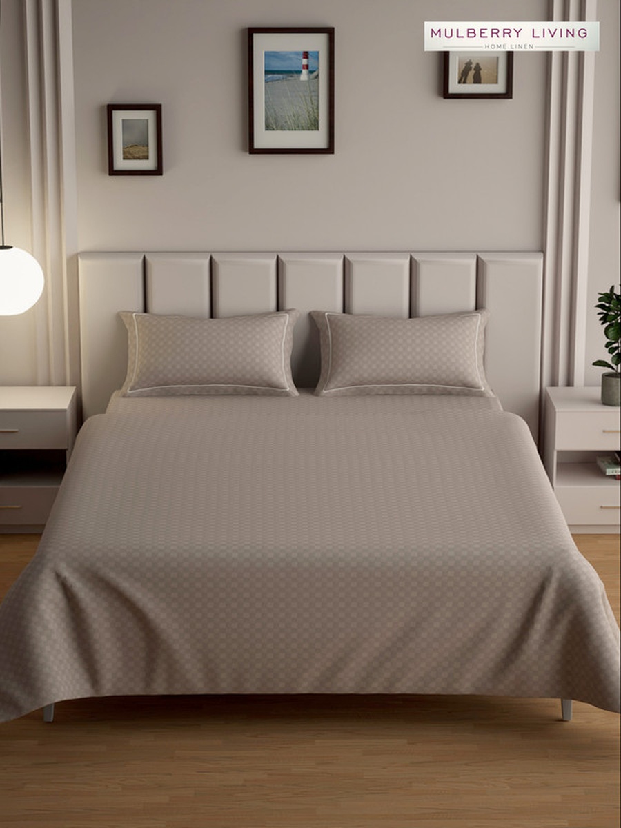 100% Cotton Queen Flat Bedsheet With 2 Pillow Covers - 300TC Urban Grid - Mocha