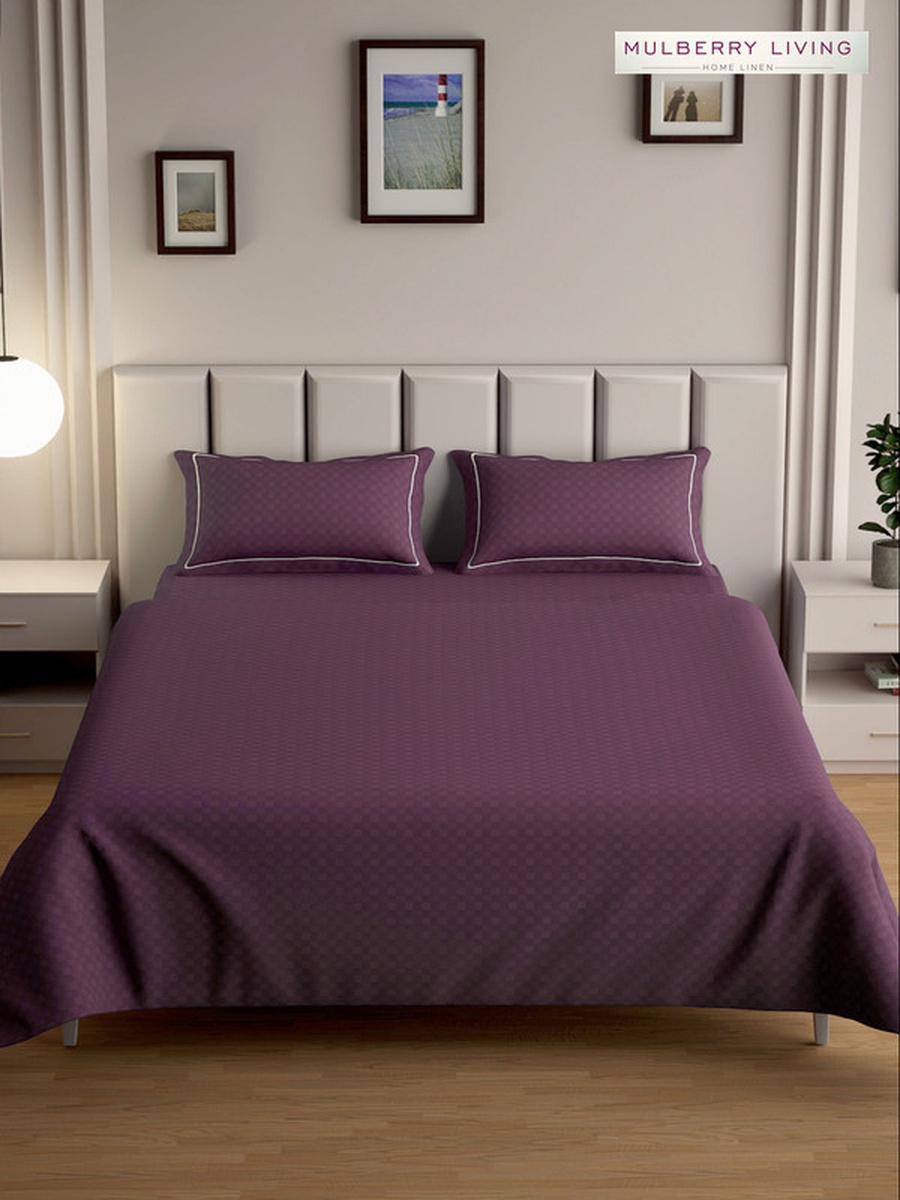 100% Cotton Queen Flat Bedsheet With 2 Pillow Covers - 300TC Urban Grid - Plum