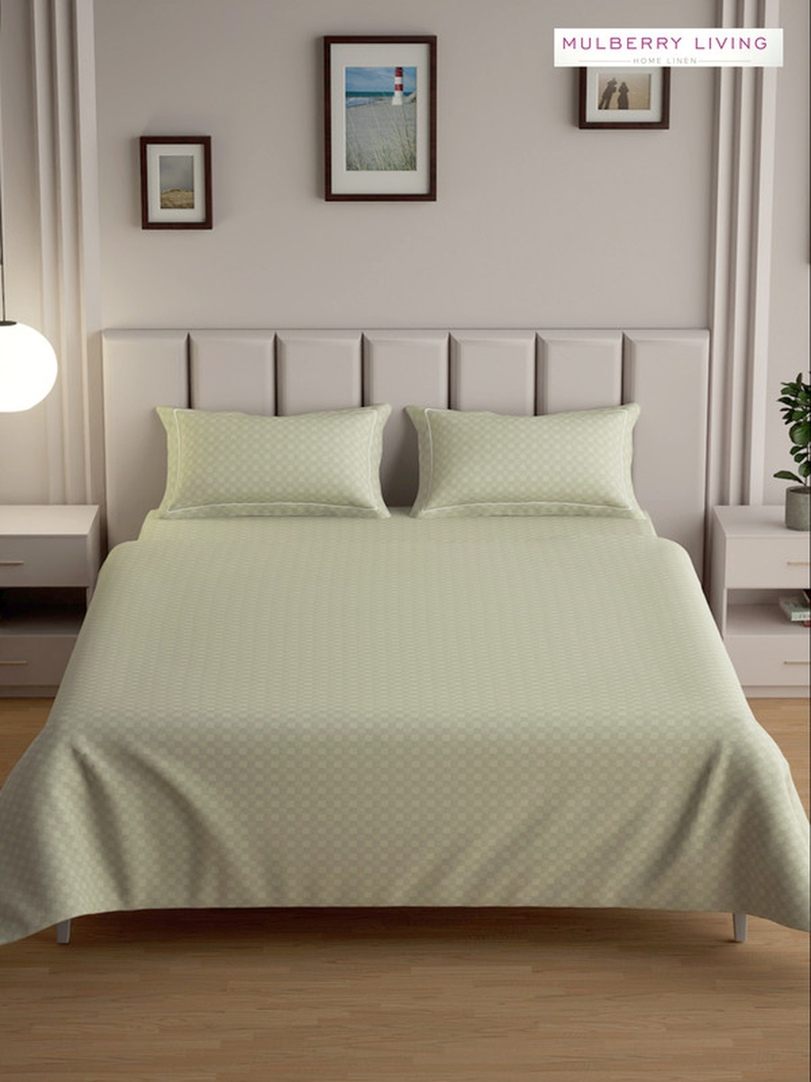 100% Cotton Queen Flat Bedsheet With 2 Pillow Covers - 300TC Urban Grid - Pearl