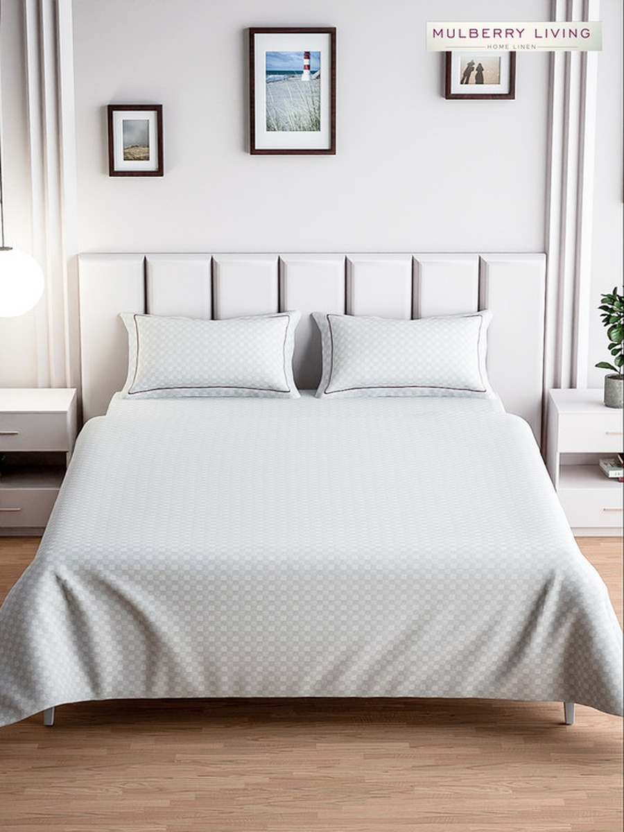 100% Cotton King Flat Bedsheet With 2 Pillow Covers - 300TC Urban Grid - White
