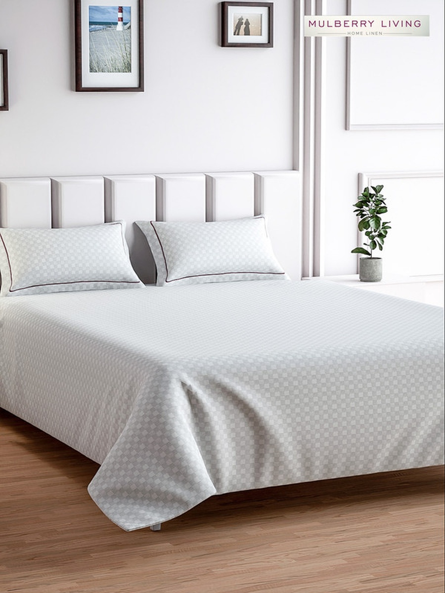100% Cotton King Flat Bedsheet With 2 Pillow Covers - 300TC Urban Grid - White
