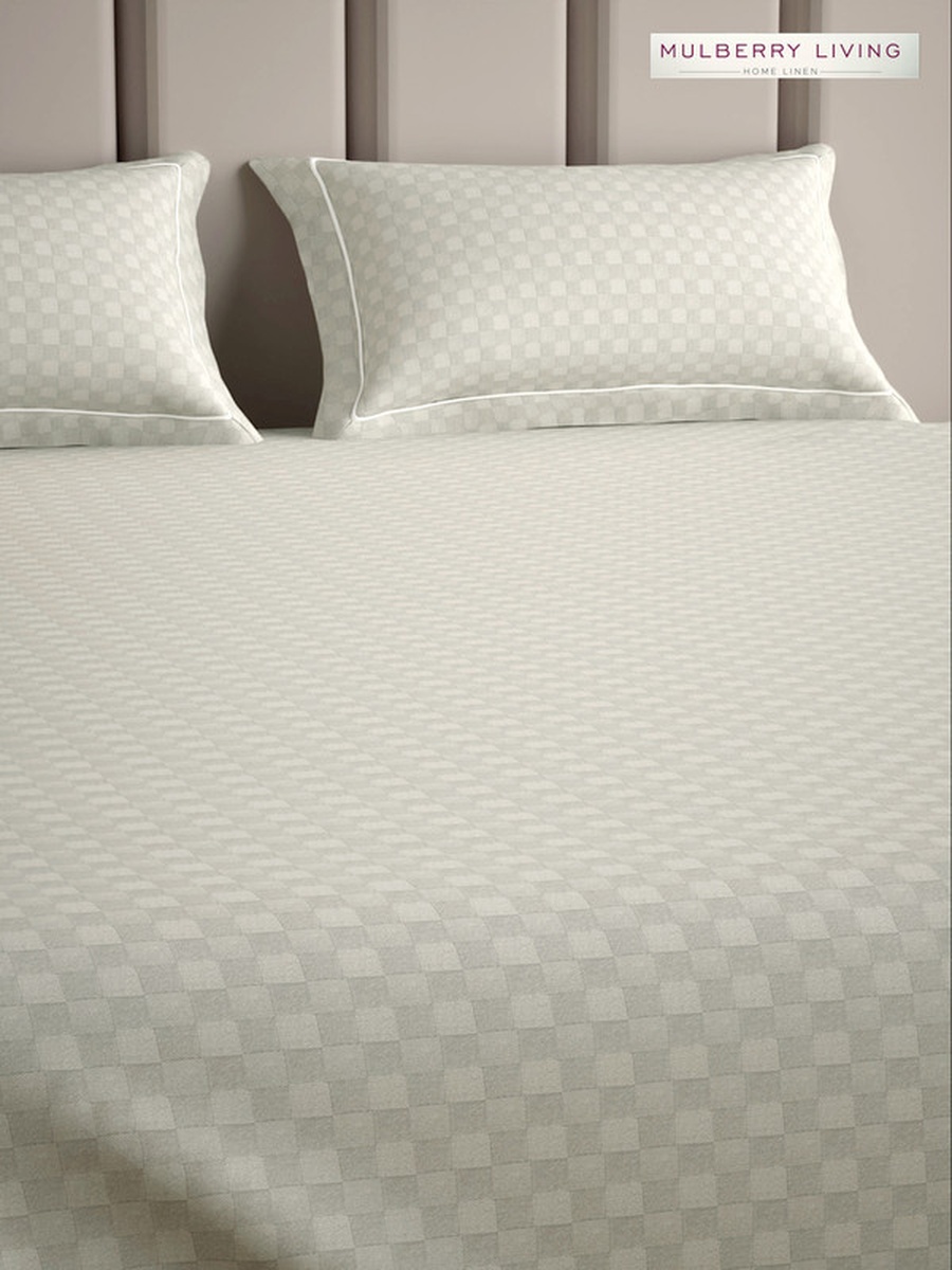 100% Cotton King Flat Bedsheet With 2 Pillow Covers - 300TC Urban Grid - Ivory