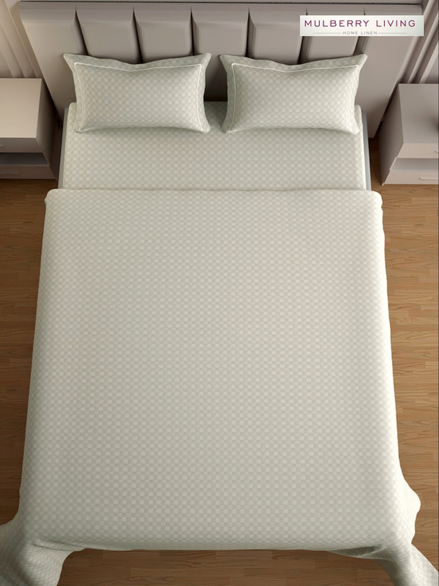 100% Cotton King Flat Bedsheet With 2 Pillow Covers - 300TC Urban Grid - Ivory