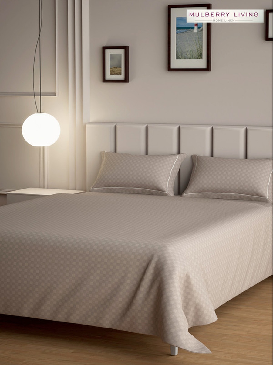 100% Cotton King Flat Bedsheet With 2 Pillow Covers - 300TC Urban Grid - Mocha