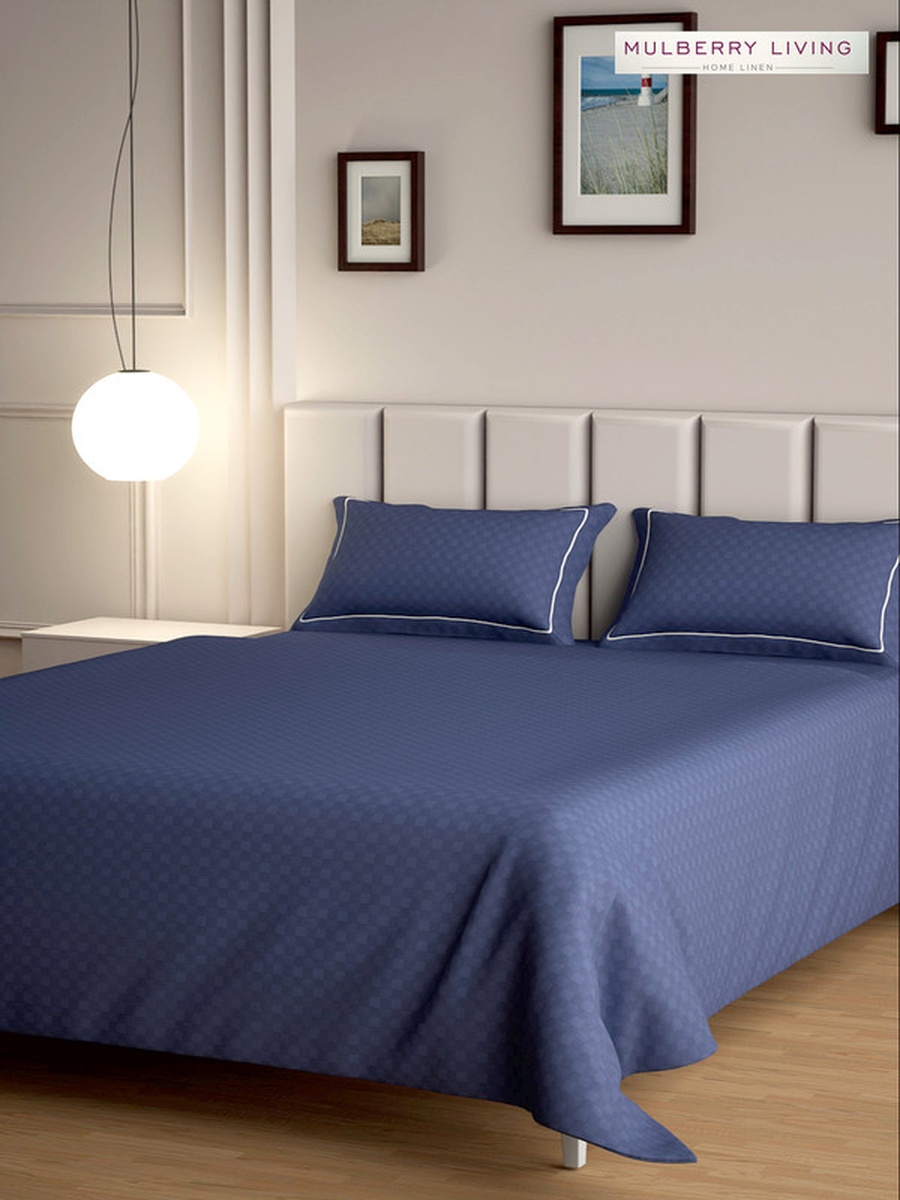 100% Cotton King Flat Bedsheet With 2 Pillow Covers - 300TC Urban Grid - Mediterranean Blue