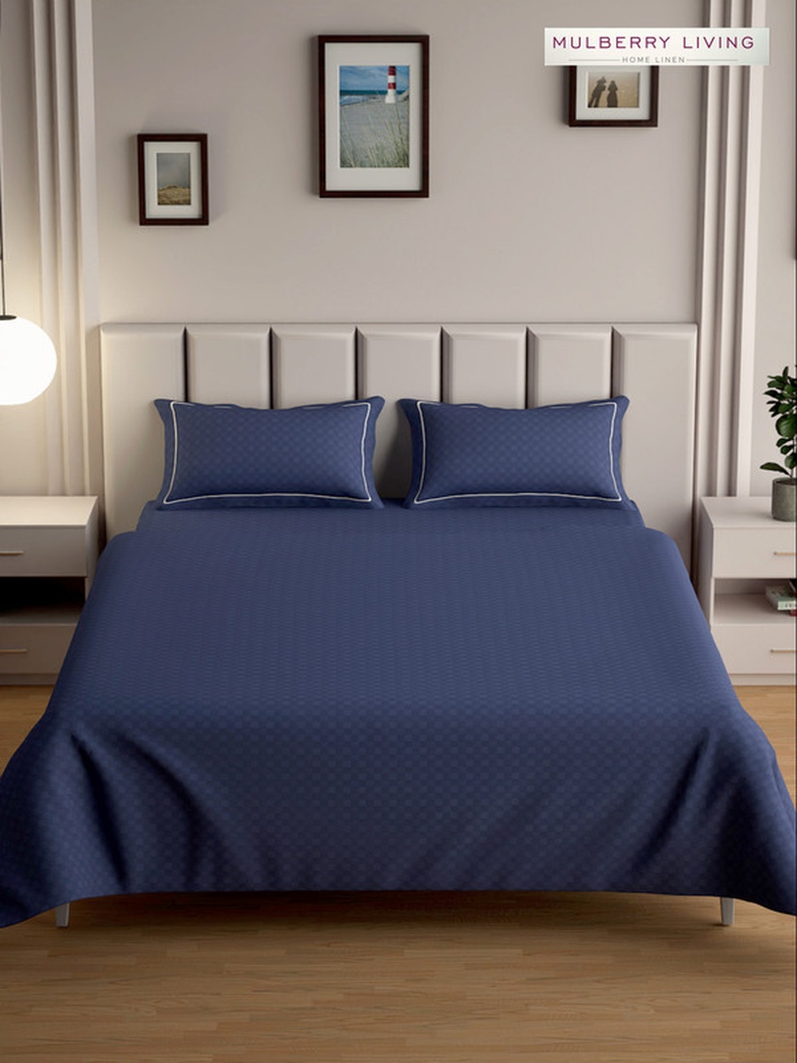 100% Cotton King Flat Bedsheet With 2 Pillow Covers - 300TC Urban Grid - Mediterranean Blue