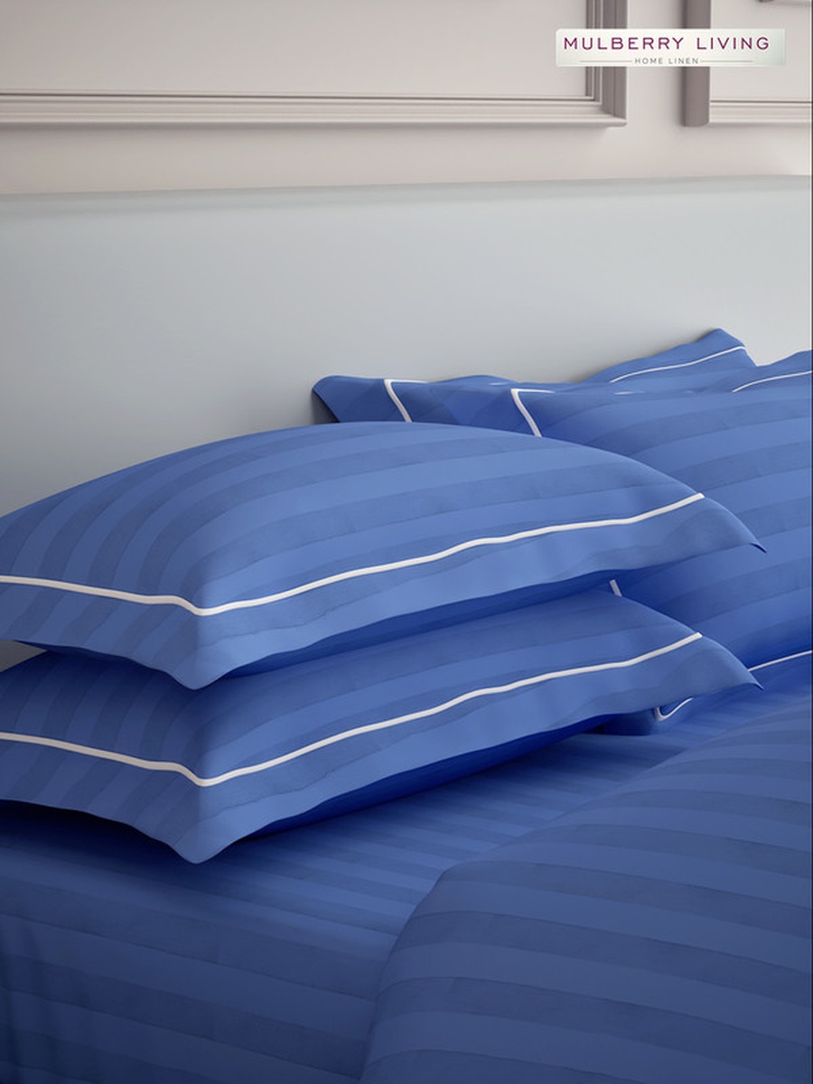 100% Cotton Queen Fitted Bedsheet With 2 Pillow Covers - 300TC Elysian Stripes - Med Blue