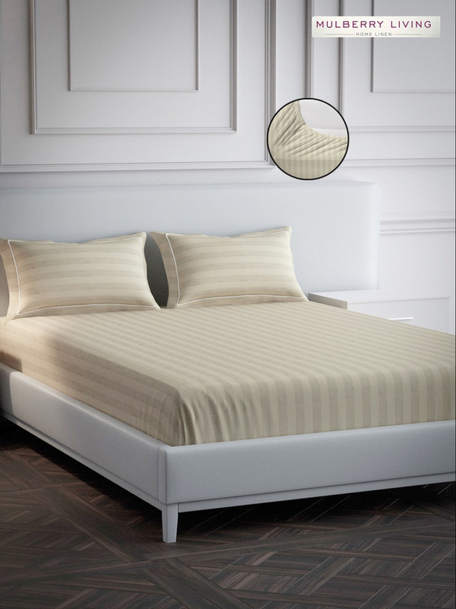 100% Cotton Queen Fitted Bedsheet With 2 Pillow Covers - 300TC Elysian Stripes - Beige