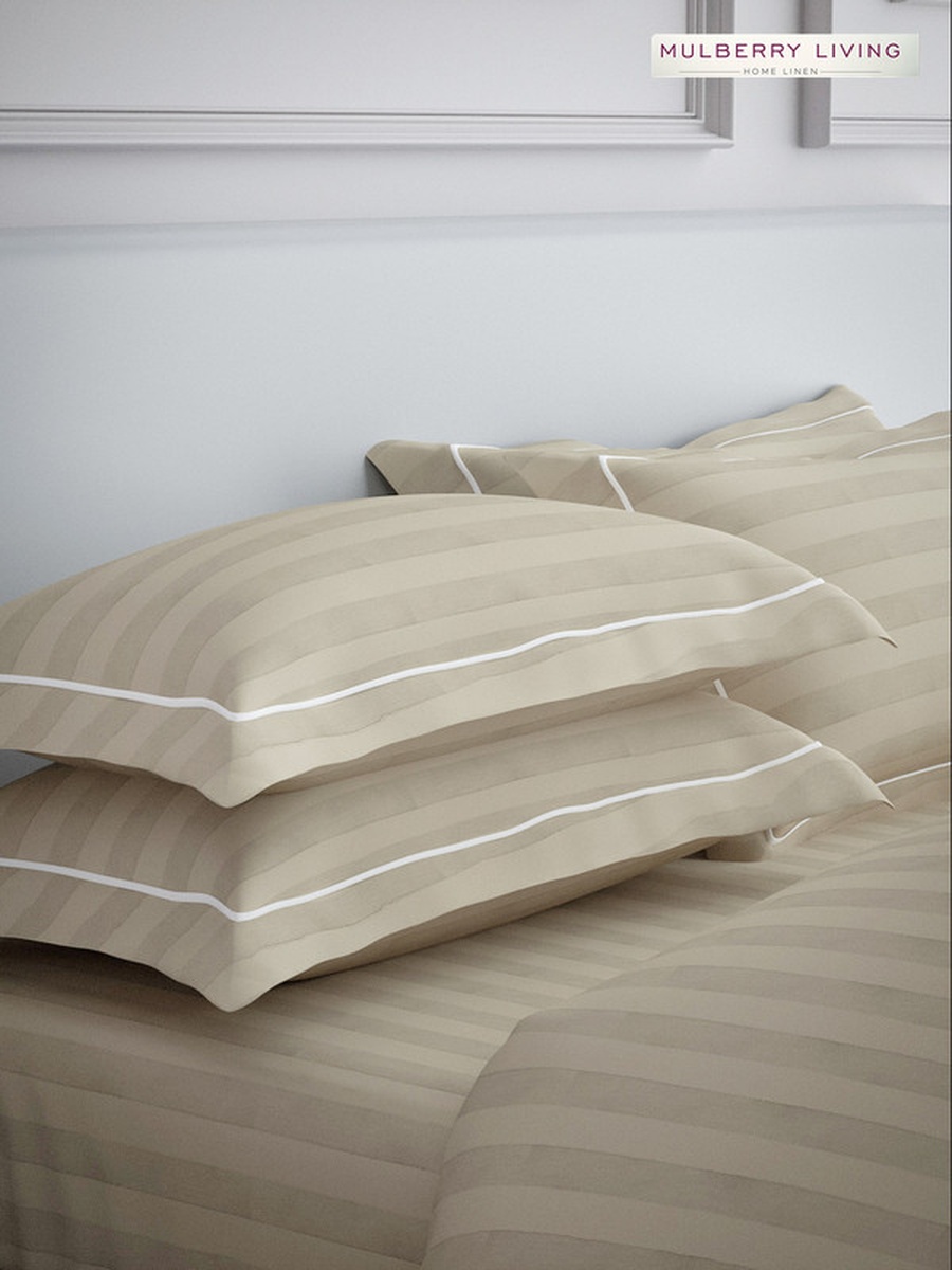 100% Cotton Queen Fitted Bedsheet With 2 Pillow Covers - 300TC Elysian Stripes - Beige