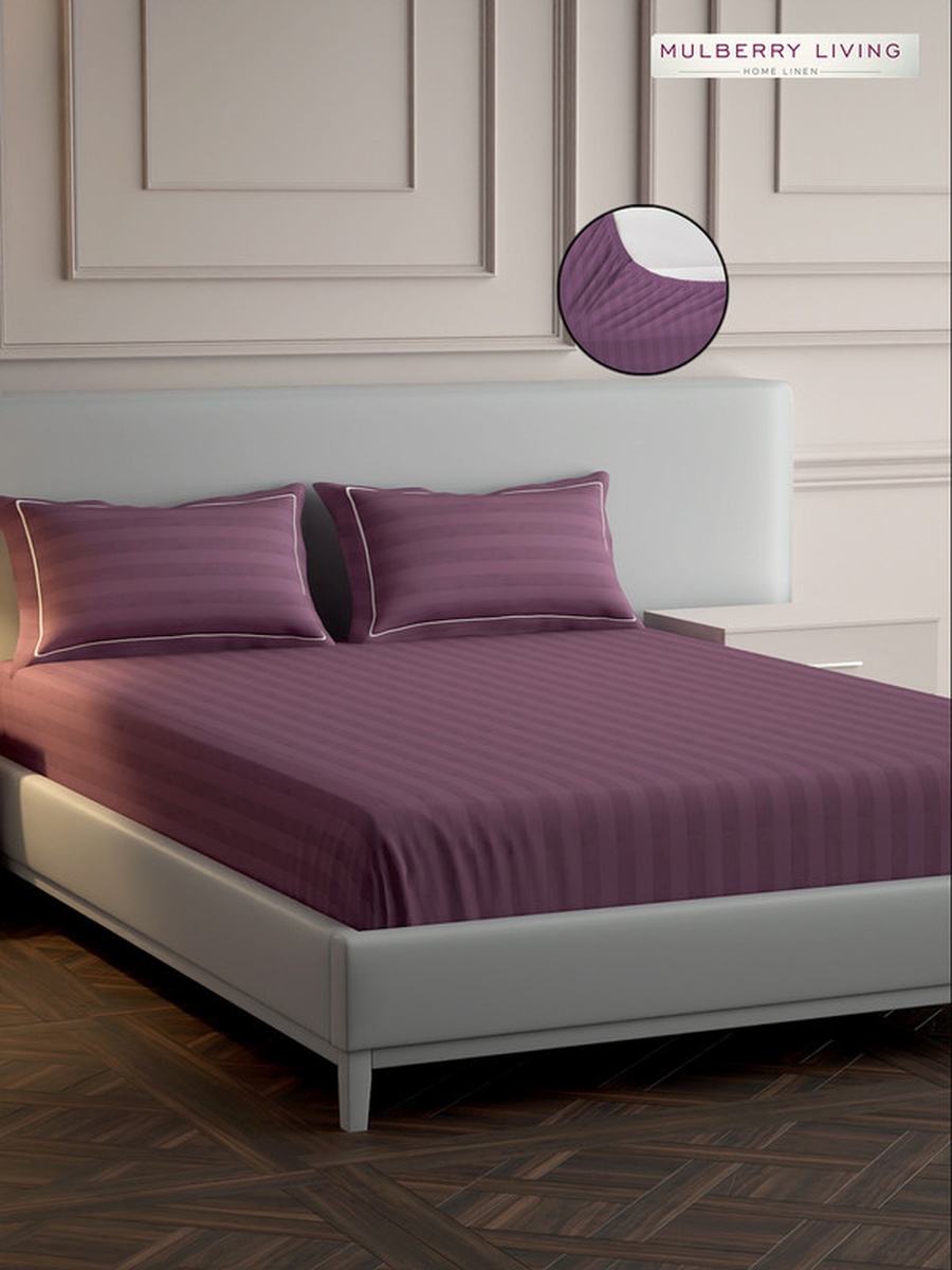 100% Cotton Queen Fitted Bedsheet With 2 Pillow Covers - 300TC Elysian Stripes - Plum