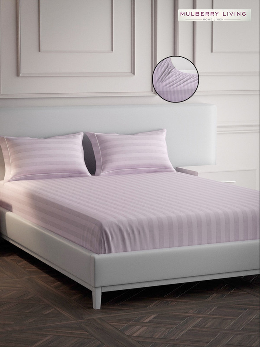 100% Cotton Queen Fitted Bedsheet With 2 Pillow Covers - 300TC Elysian Stripes - Cameo Rose