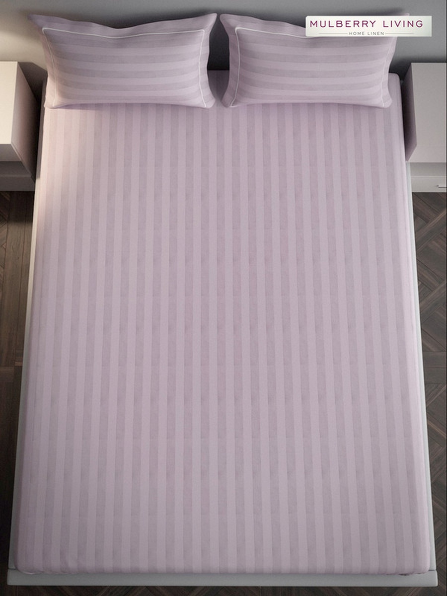 100% Cotton Queen Fitted Bedsheet With 2 Pillow Covers - 300TC Elysian Stripes - Cameo Rose
