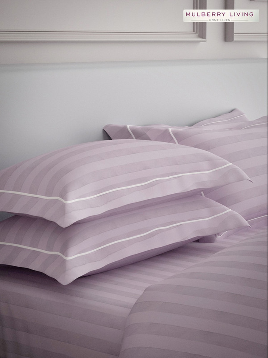 100% Cotton Queen Fitted Bedsheet With 2 Pillow Covers - 300TC Elysian Stripes - Cameo Rose