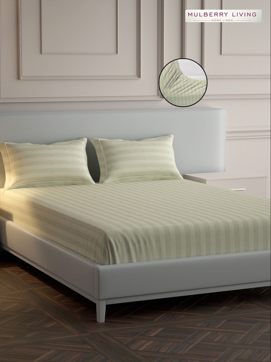 100% Cotton King Fitted Bedsheet With 2 Pillow Covers - 300TC Elysian Stripes - Ivory