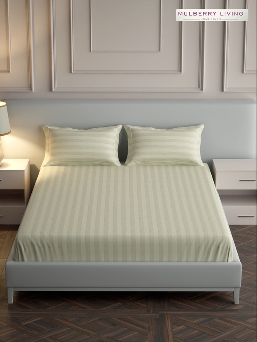 100% Cotton King Fitted Bedsheet With 2 Pillow Covers - 300TC Elysian Stripes - Ivory