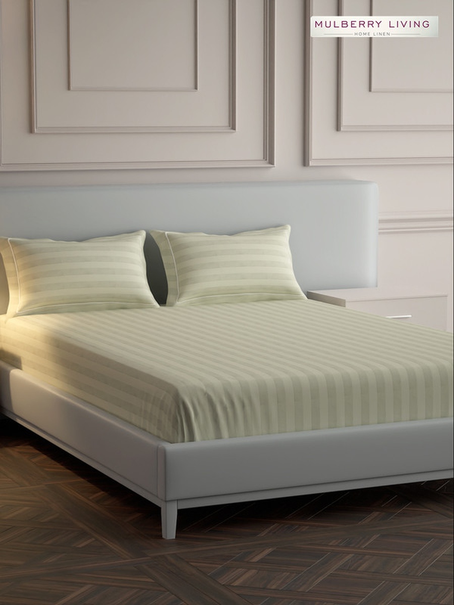 100% Cotton King Fitted Bedsheet With 2 Pillow Covers - 300TC Elysian Stripes - Ivory